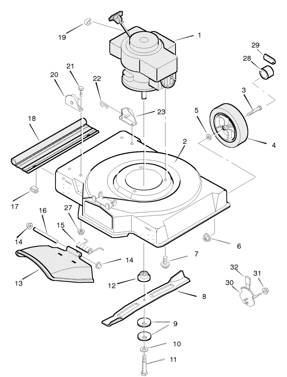 Mower Housing Assembly Diagram and Parts List for 22255D 1996 Briggs and Stratton Lawn Mower